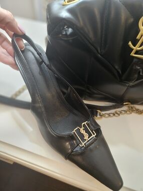 Black Pointed Slingback Pumps with Gold Accent